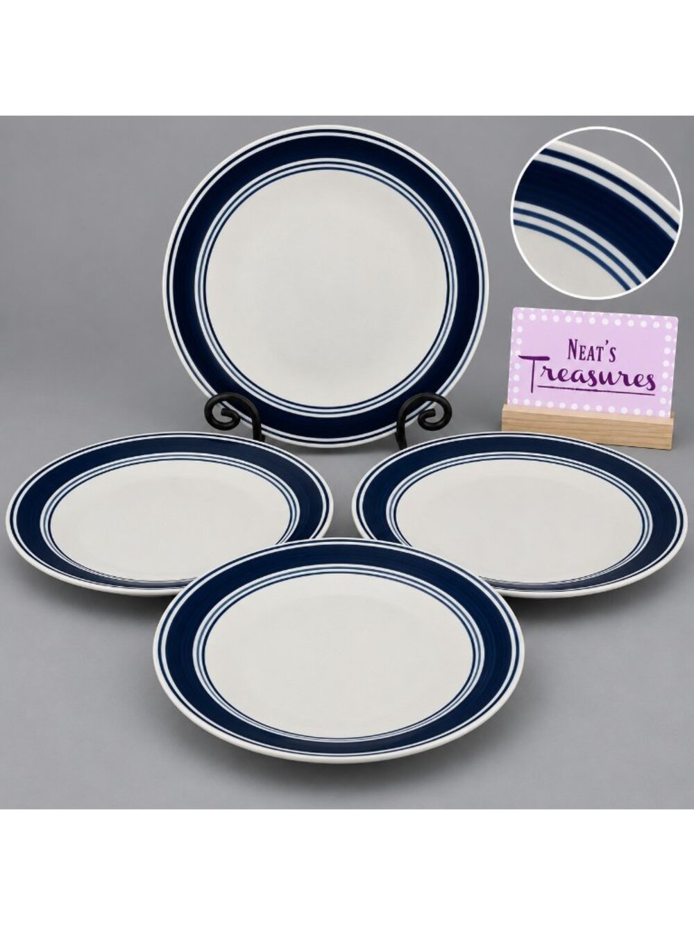 Mainstays CASUAL BANDED COBALT BLUE Rings Stoneware Beige Dinner Plates Set of 4